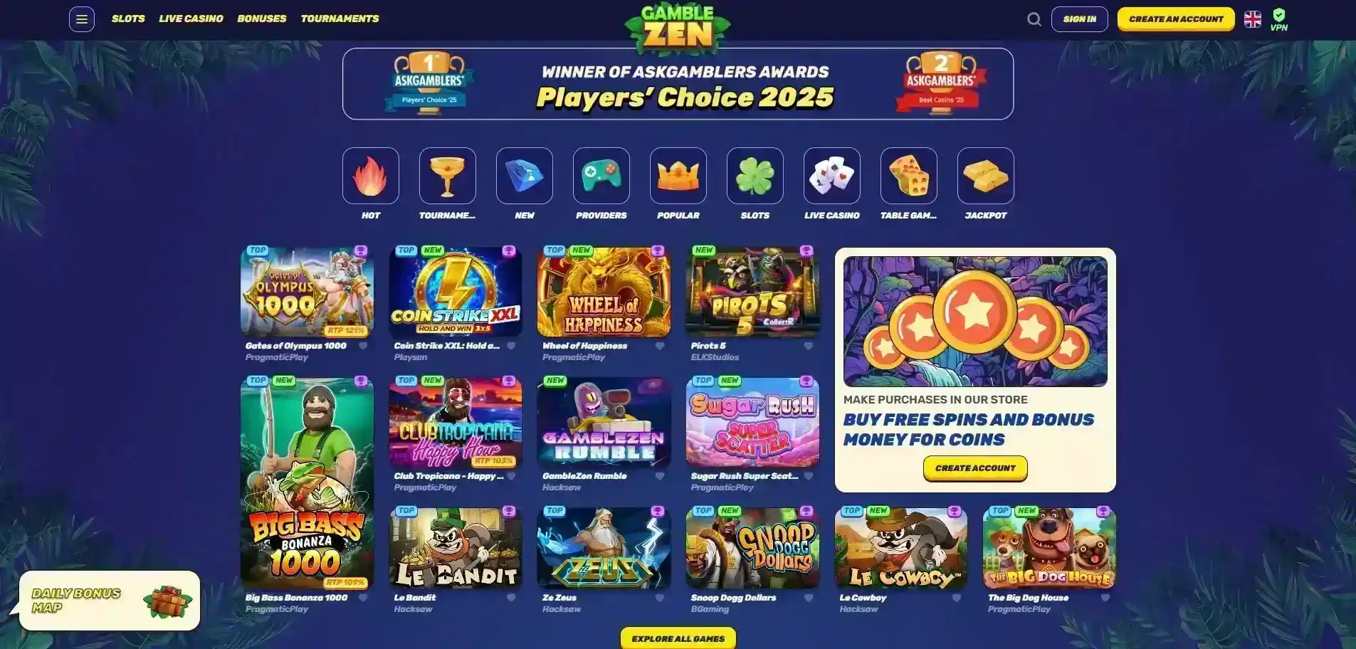 Current GambleZen homepage or casino lobby interface