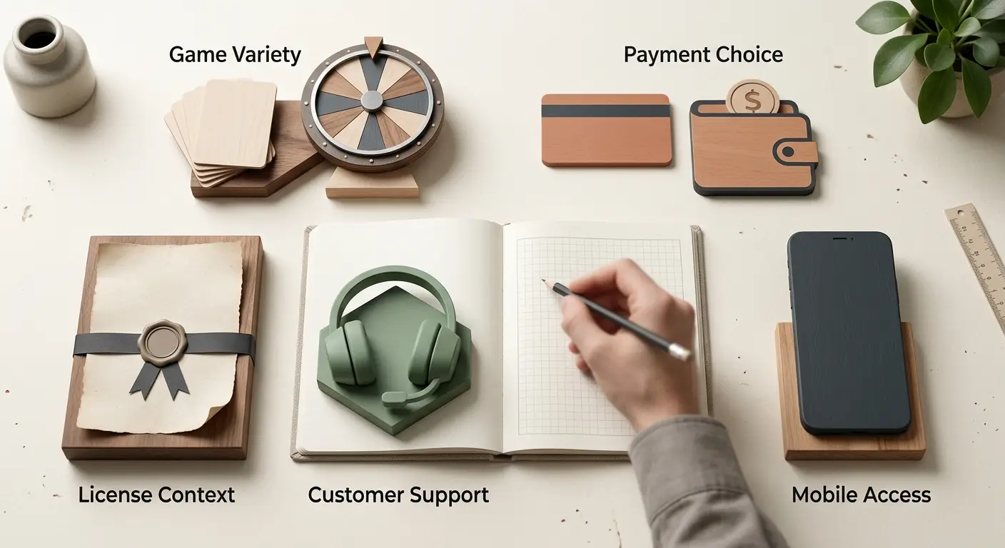 Comparison of GambleZen game variety, payment choices, mobile access, support and licence context