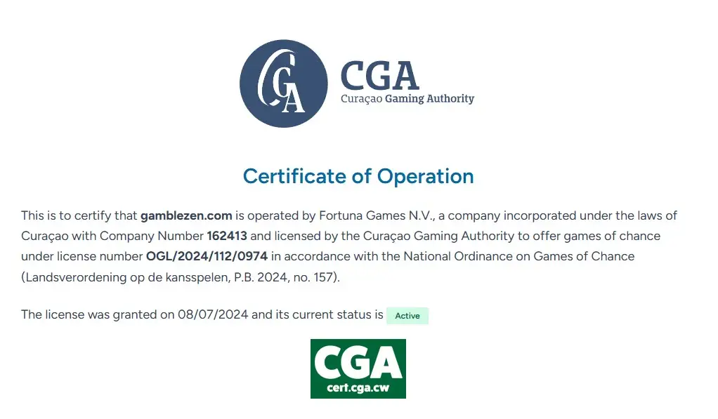 Curaçao Gaming Authority certificate for gamblezen.com and Fortuna Games N.V.