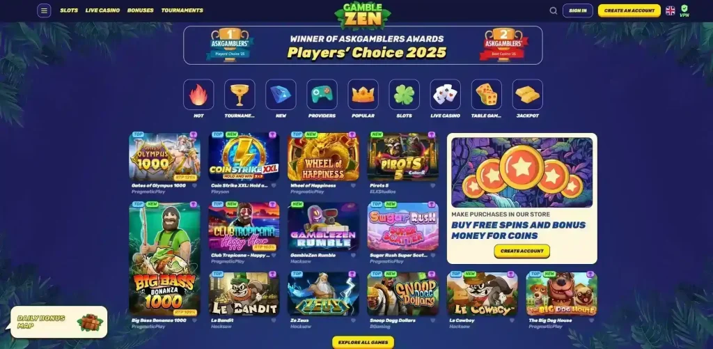 Current GambleZen game lobby with navigation and game or provider tiles
