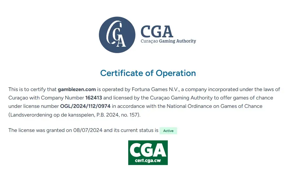 Curaçao Gaming Authority certificate for gamblezen.com showing Fortuna Games N.V. and active licence OGL/2024/112/0974