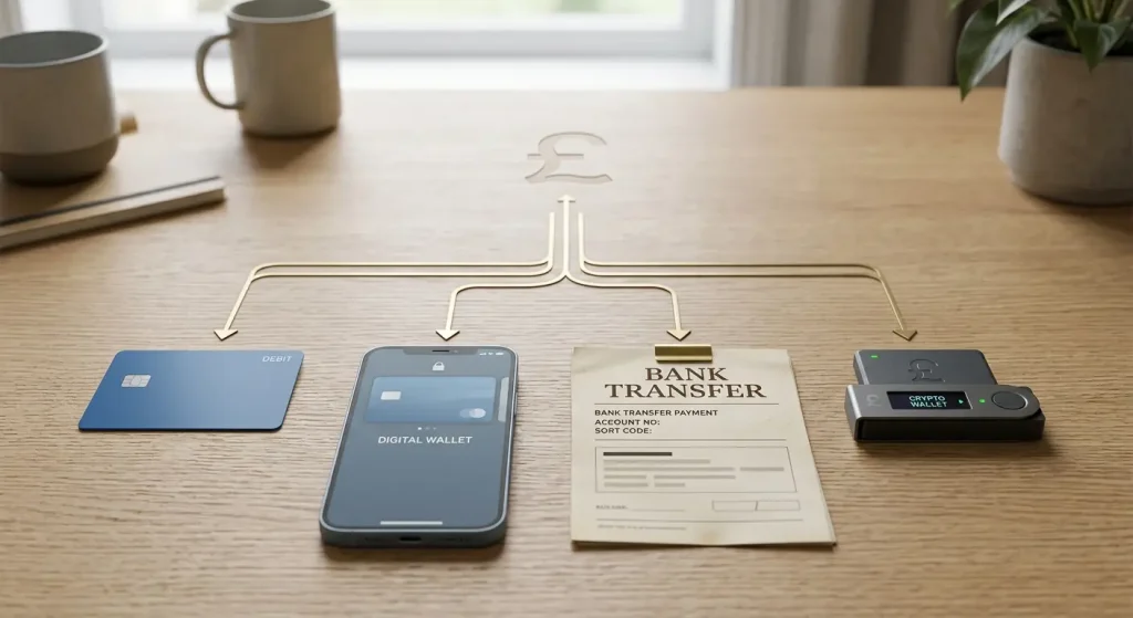 Payment illustration showing a debit card, e-wallet, bank-style payment, crypto wallet and pound symbol without third-party logos