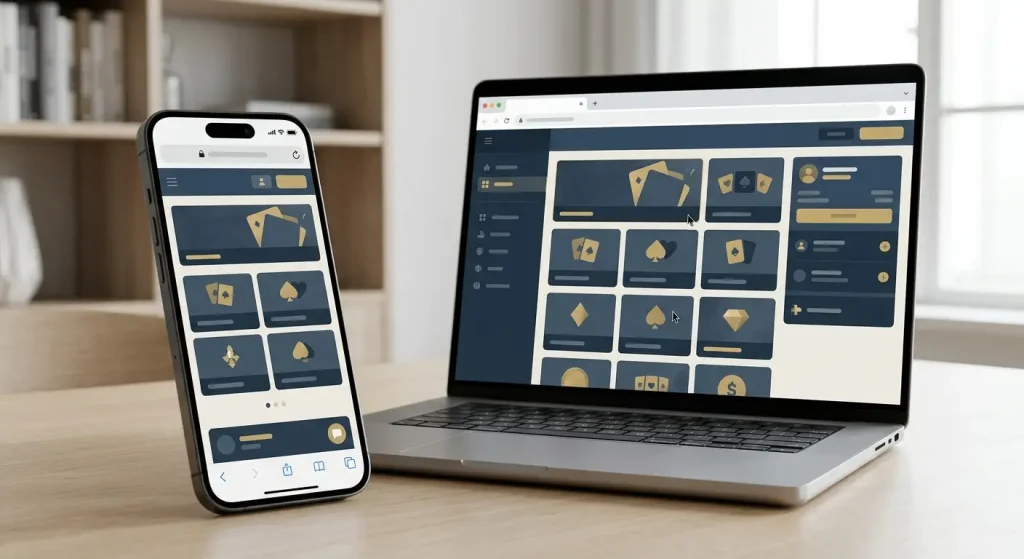 Illustration of a smartphone and laptop displaying a generic responsive casino layout in a web browser