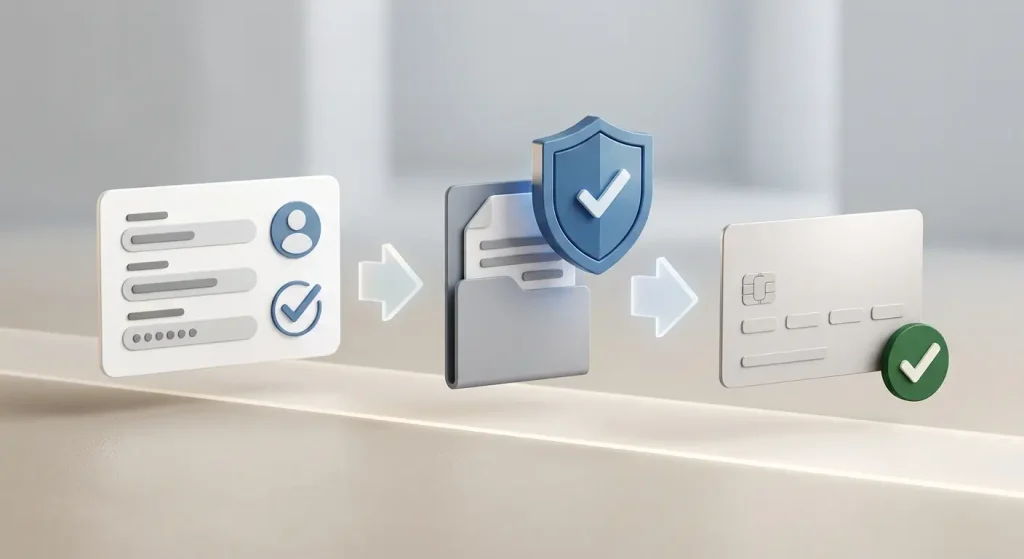 Illustration of account registration, identity verification and payment ownership checks without a copied casino interface