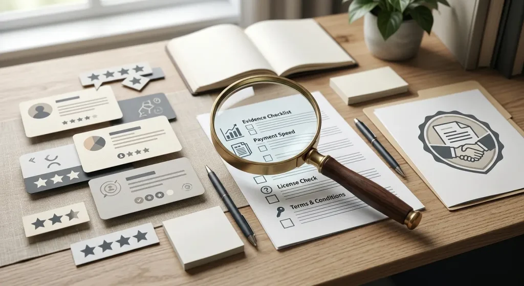Illustration of review cards, star ratings, a magnifying glass and an evidence checklist without copied Trustpilot branding or review text