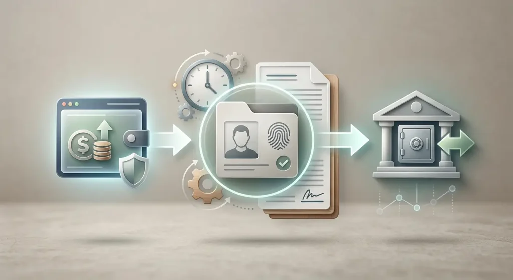 Illustration of a withdrawal flow from casino balance through identity verification to a payout wallet